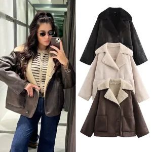 Autumn Faux Jackets Outwear Women Fashion Fashion Turn-Down Collar Three-Color Shearling Long Sleeve Jacket Short Coat