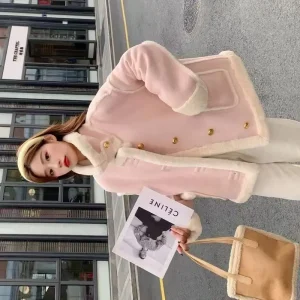 2025 New Pink Faux Suede Leather Shearling Jacket Women's Winter Warm Fleece Lined Coat Fashion Motorcycle Style Casual Outwear