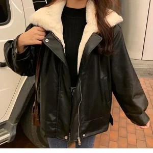Women PU Leather Coat Casual Short Jackets Shearling Fur Collar Long Sleeves Zipper Loose Coats Street Wear 2025 Autumn Winter