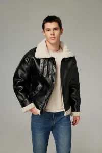 2025 Vintage pilot Shearling Leather Jacket aviator Flight Fur Winter Bomber Sheepskin Black PU Jacket for Men