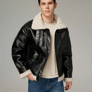2025 Vintage pilot Shearling Leather Jacket aviator Flight Fur Winter Bomber Sheepskin Black PU Jacket for Men