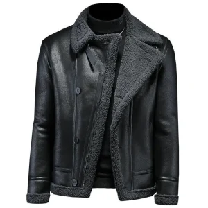 Men's Winter Faux Shearling Lined Bomber Jacket Vintage Motorcycle Leather Coat Thickened Windproof Black M-4XL