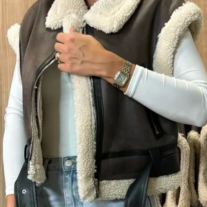 Women Leather Sherpa Vest Fur Collar Sleeveless Zipper Faux Suede Shearling Vest 2024 Biker Moto Jacket Winter Warm Outerwear